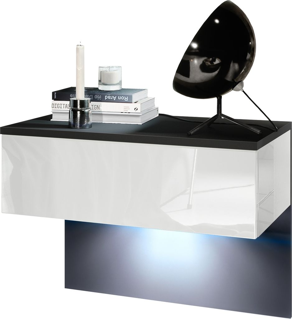 Vladon Nachttisch Sleep, Germany, Nachttischschrank mit Schublade zur Wandmontage, Schwarz matt/Weiß Hochglanz, inkl. LED-Beleuchtung (60 x 46 x 3...