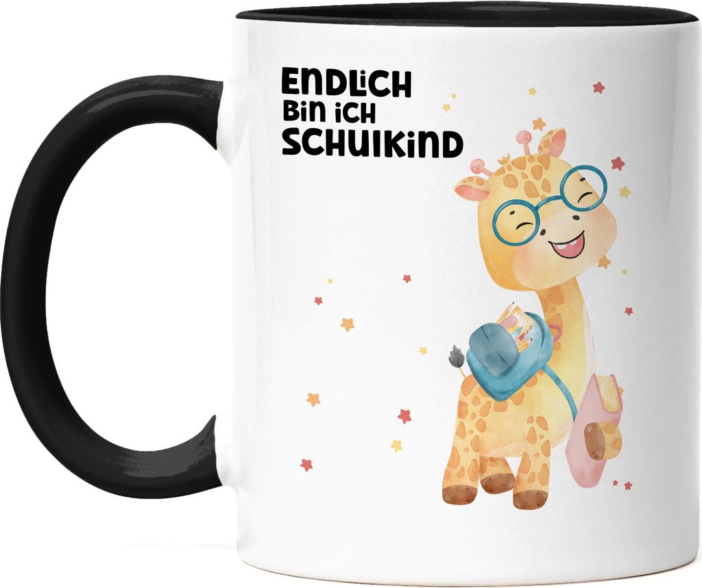 Endlich bin ich Schulkind Tasse Schwarz Geschenk zur Einschulung Giraffe