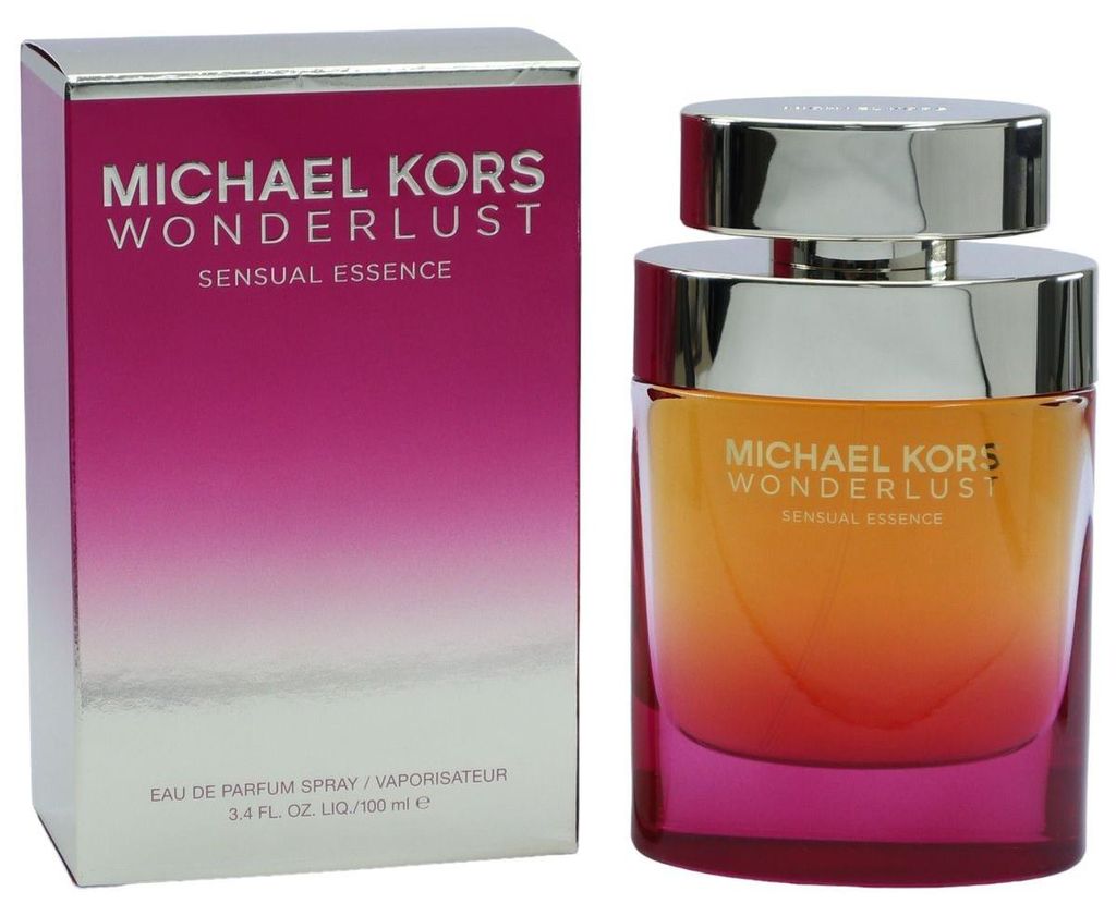 Parfum Michael Kors Wonderlust Sensual Essence in farbintensivem Glasflakon mit Farbverlauf von Orange zu Pink, silberner Kappe und passender Box in Pink-Weiß.