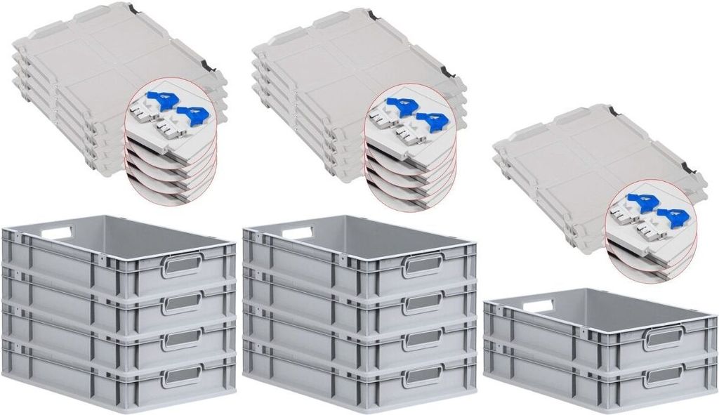 SuperSparSet 10x Eurobox NextGen Grip mit Scharnierdeckel und blauen Schiebeschnappverschlüssen | HxBxT 12x40x60cm | 23 Liter | Griffe offen | Gla...
