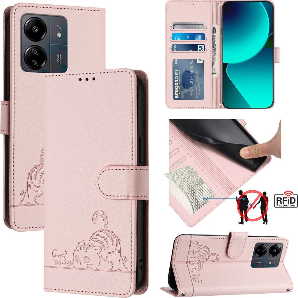Leder Hülle für Xiaomi Redmi 13C /Poco C65/Poco M6 5G Süße Katze Flip Case Brieftasche Schutzhülle mit Standfunktion Pink