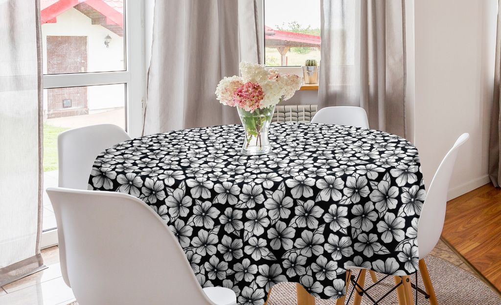 ABAKUHAUS Kirschblüte Runde Tischdecke, schraffierte Blumen, Kreis Tischdecke Abdeckung für Esszimmer Küche Dekoration, 150 cm, Schwarz und weiß