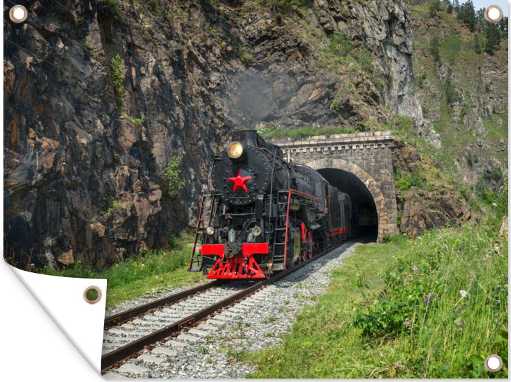 MuchoWow 80x60 cm Outdoor-Poster Gartendeko Sichtschutz Garten Poster für den Garten Zug kommt aus einem Tunnel