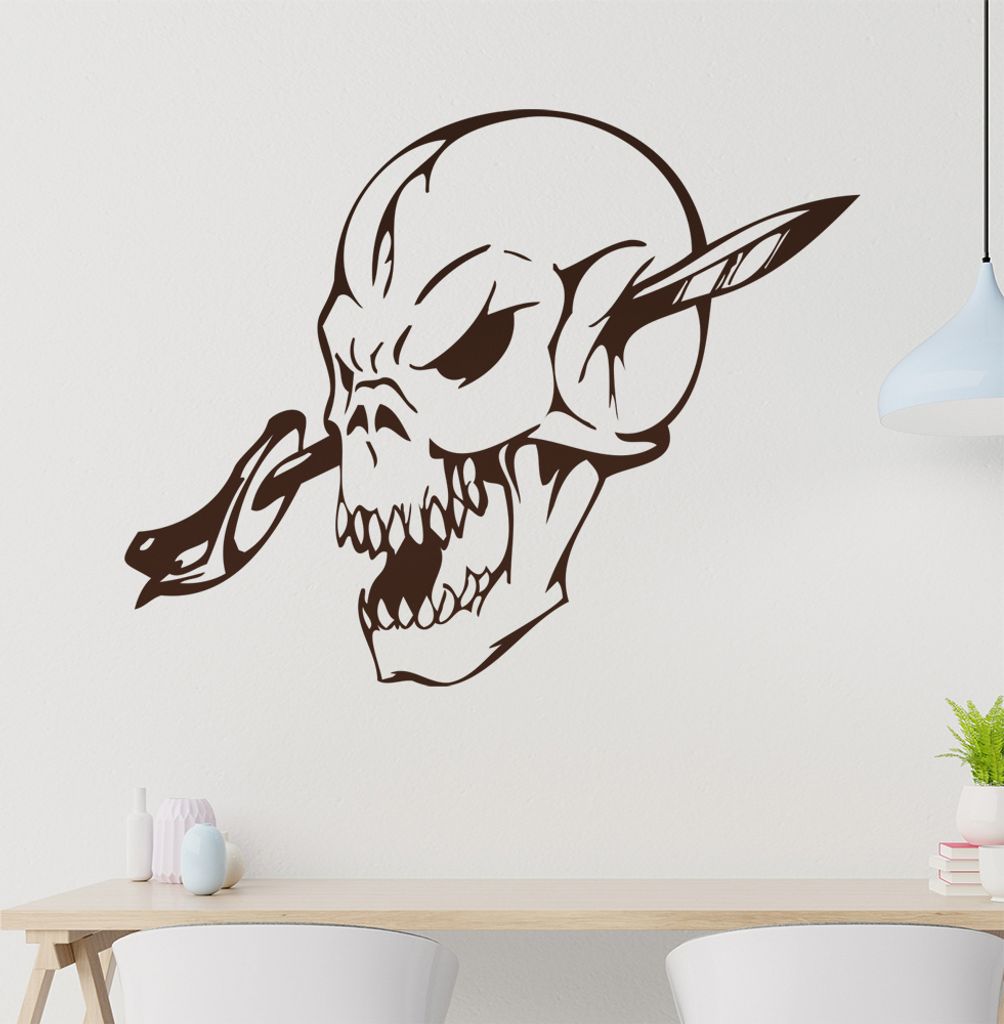 Dolch im Schädel Wandtattoo in 6 Größen - Wandaufkleber Wall Sticker - Dekoration, Küche, Wohnzimmer, Schlafzimmer, Badezimmer