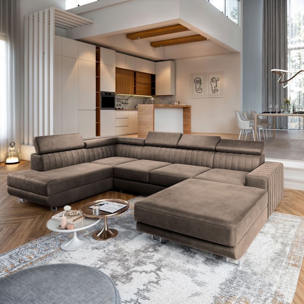 A modern living room with a large sectional sofa in the foreground and a kitchen and dining area in the background.
