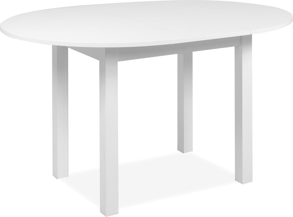 A white oval dining table with four white legs, shown from a slightly elevated front-left angle against a white background.