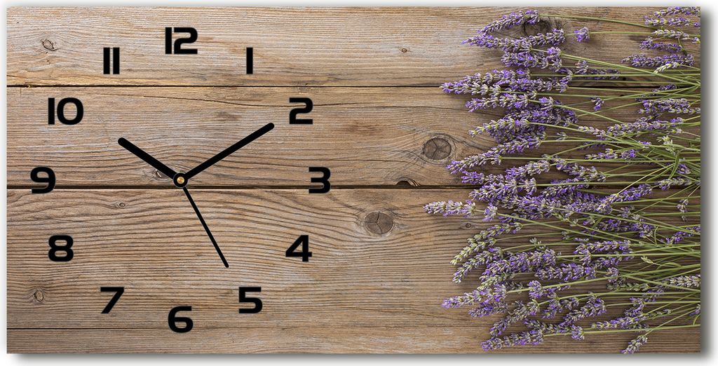 Wanduhr aus Glas – 60x30 cm - Glasbild - Glasuhr - Gehärtetes Glas - schwarze-zeiger - Lavendel auf dem Holz