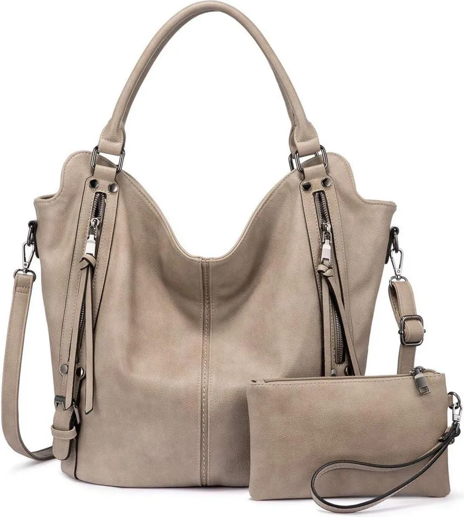 Set Borse Donna Vera Pelle Kaki: Shopper Grande e Pochette Elegante