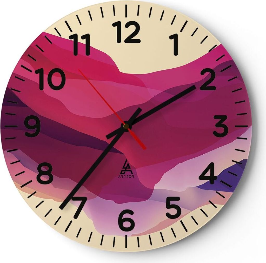 Wanduhr - Rund - Glasuhr - Abstraktion Berge Rosa - 30x30cm - Schleichendes Uhrwerk - Lautlos - zum Aufhängen bereit - Dekoration Modern - Wanddek...