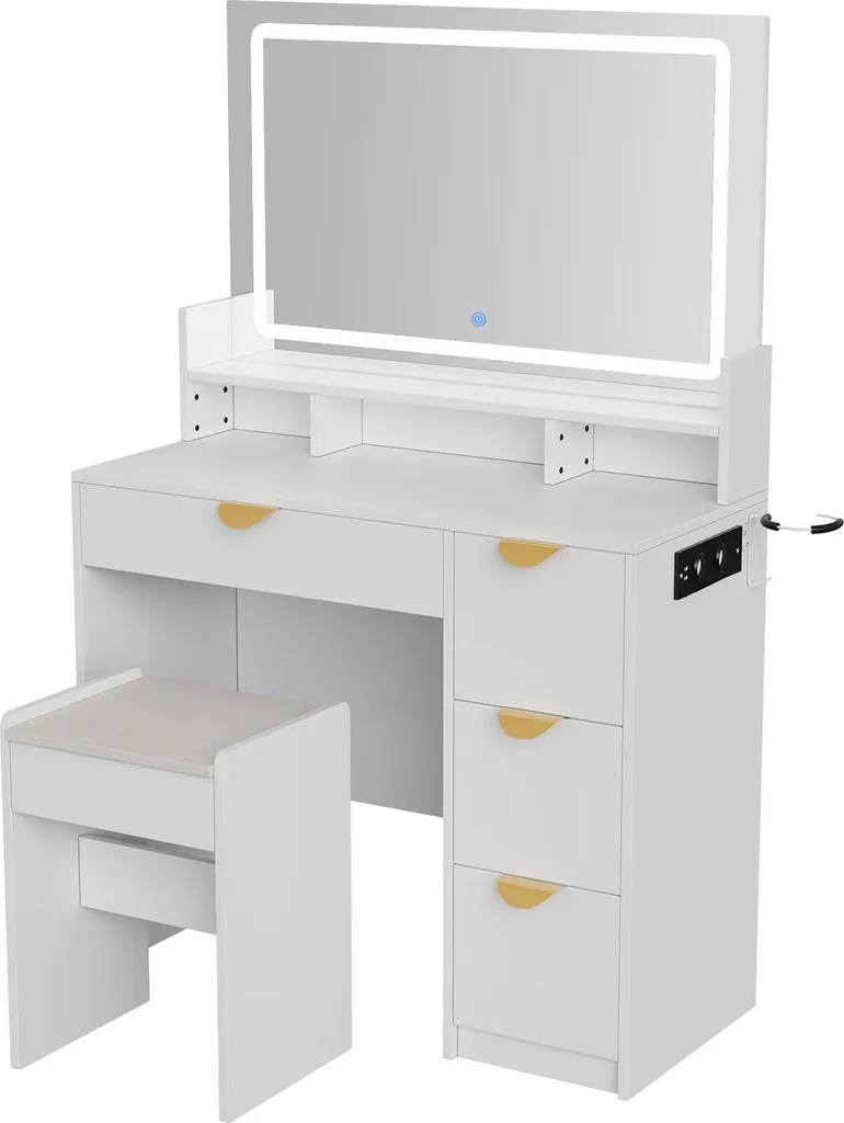 Coiffeuse avec miroir à LED et tabouret en bois blanc design MOD-80