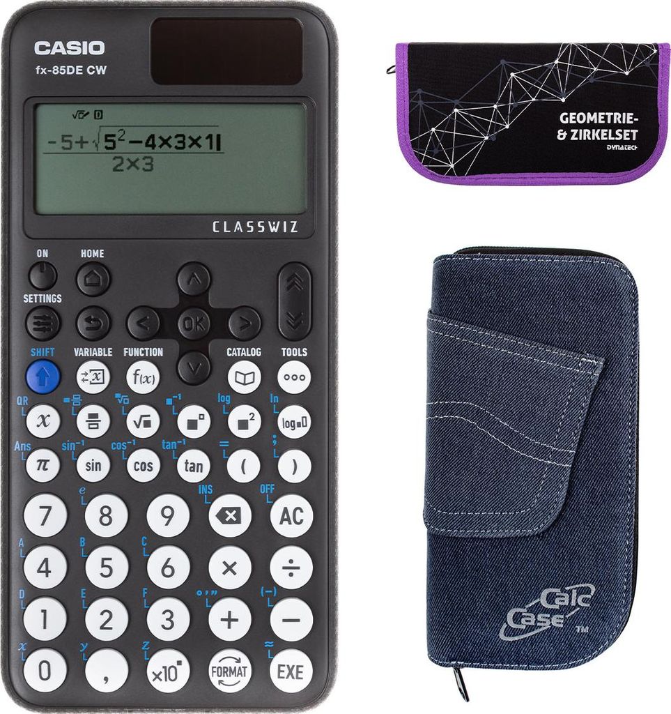 Casio FX-85 DE CW mit Jeans-Tasche dunkelblau und Zirkelset lila