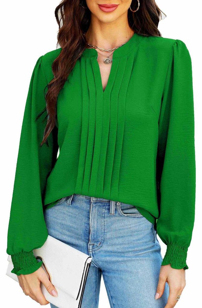 Elegante Damenbluse V-Ausschnitt Langarm Atmungsaktiv Grün S