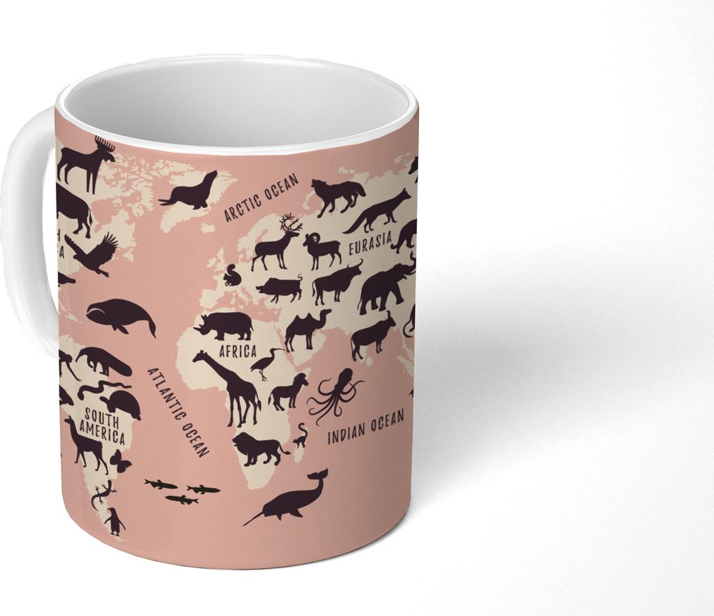 MuchoWow Tasse Kaffeetasse Kaffeebecher 350 ml Weltkarte - Tier - Rosa Teetasse - Fototasse - Becher - Keramikbecher - Teebecher - Kaffeetasse - ...