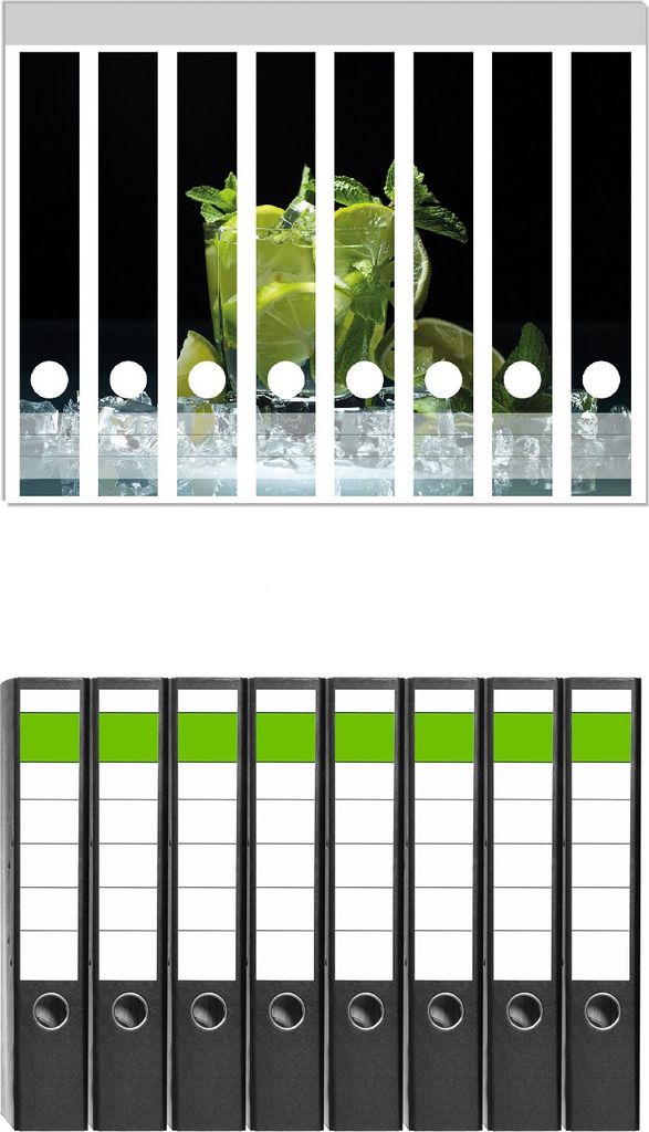 Wallario 8 Stück schmale Ordner inkl. Klebeetiketten mit Motive Mojito - Cocktail mit Limetten, Eis und Minze - Set mit Rückenschildern / Ordner...