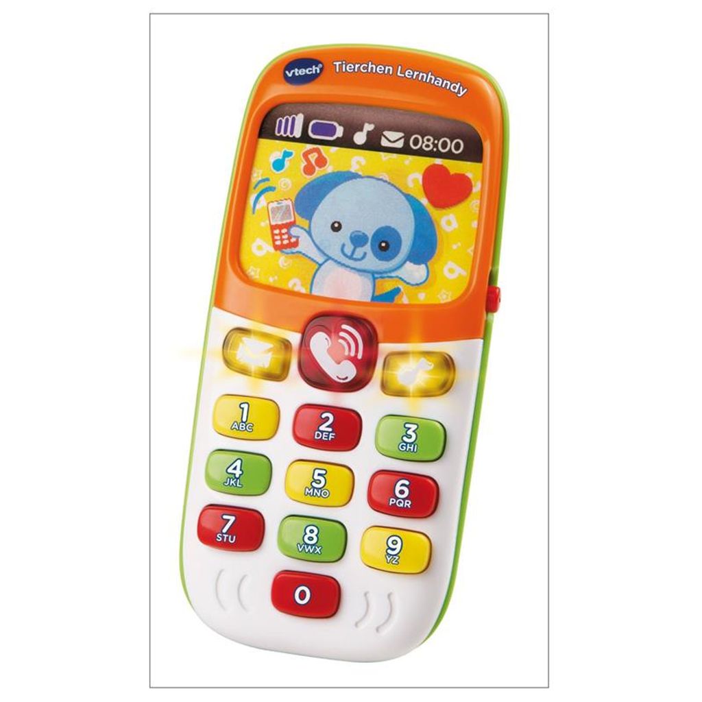 A Vtech Tierchen Lernhandy toy phone is shown against a white background.