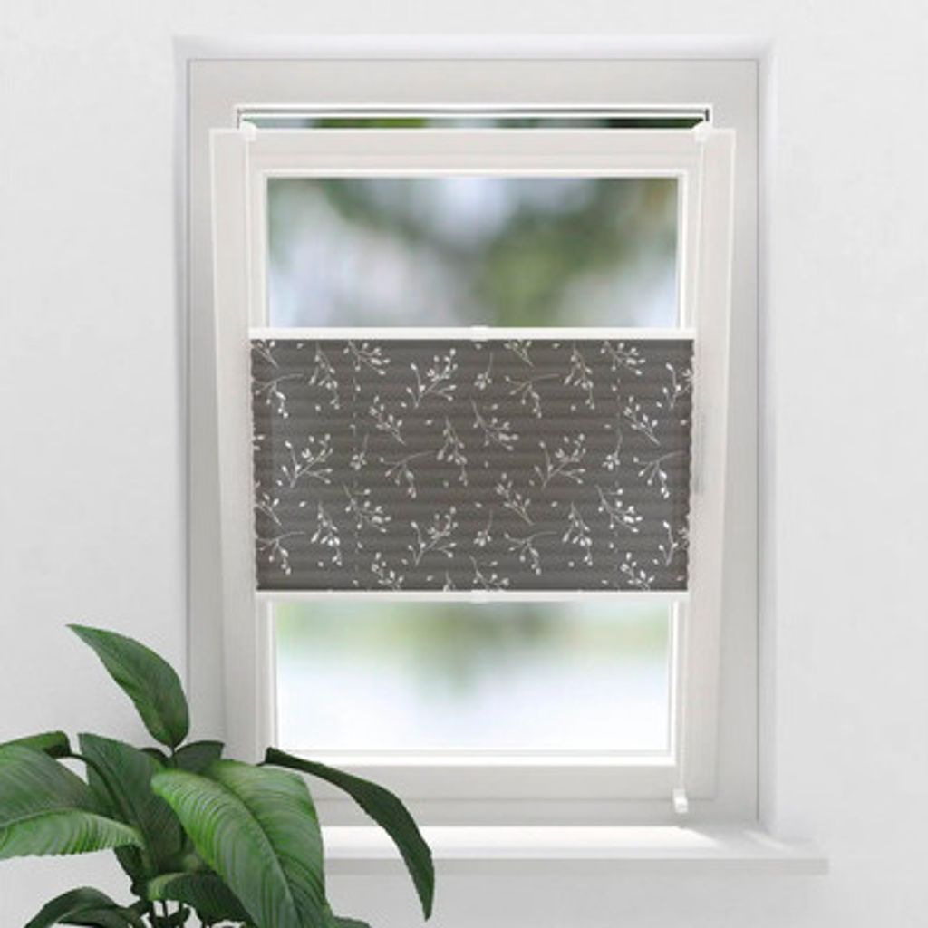 SOLUNA Faltenplissee mit Seitenverspannung ohne Bohren Blatt grau 70x220 cm