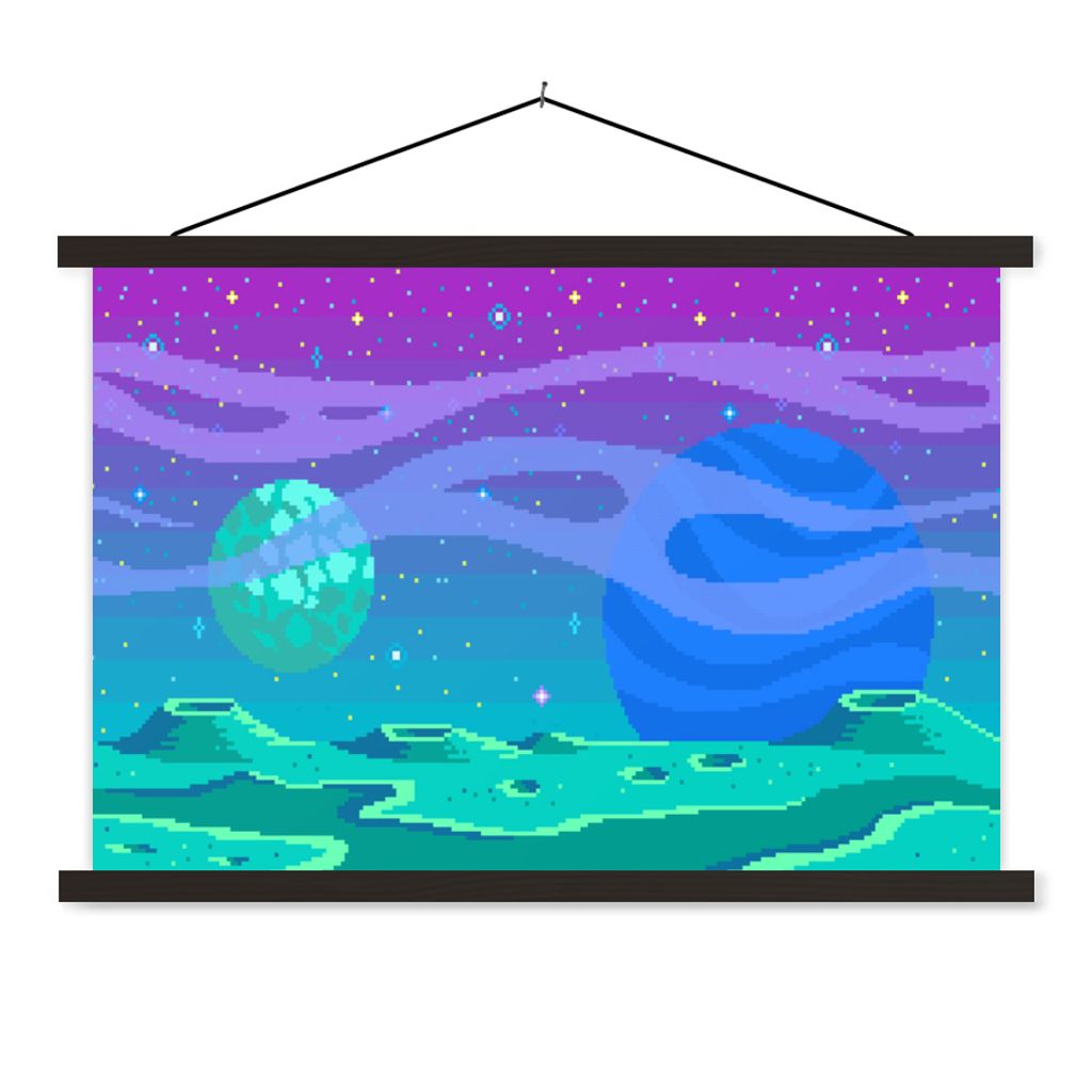 MuchoWow Textilposter Spiele - Pixel Art - Mond 60x40 cm mit schwarzem Rahmen - Hölzernes