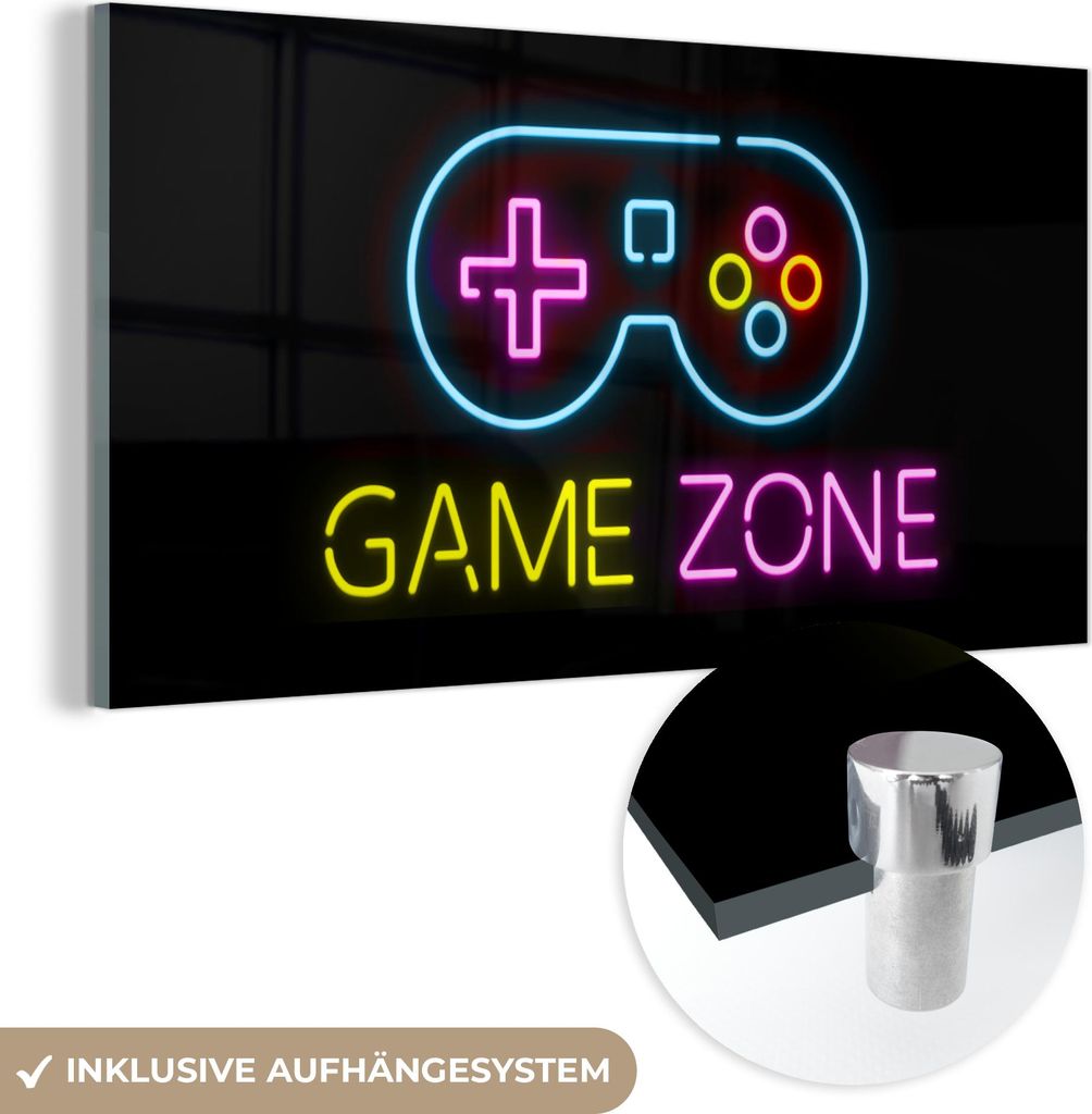 MuchoWow Glasbilder - Bilder auf Wandbild - Foto auf Glas Controller - Spiel - Neon - Schwarz - Zitate - Spielzone 120x60 cm Wanddekoration aus Gla...