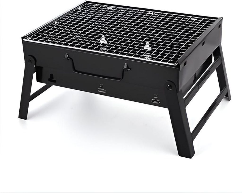 A black, foldable charcoal grill with a metal grate, shown from a slightly elevated front-left angle against a white background.