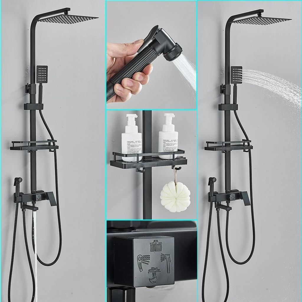 Regendusche-Set mit Armatur - Wandmontierte Duschsäule, Modell A - 30 cm Kopfbrause - Wannenauslauf 15 cm schwenkbar - Einhebelmischer - Keramikka...