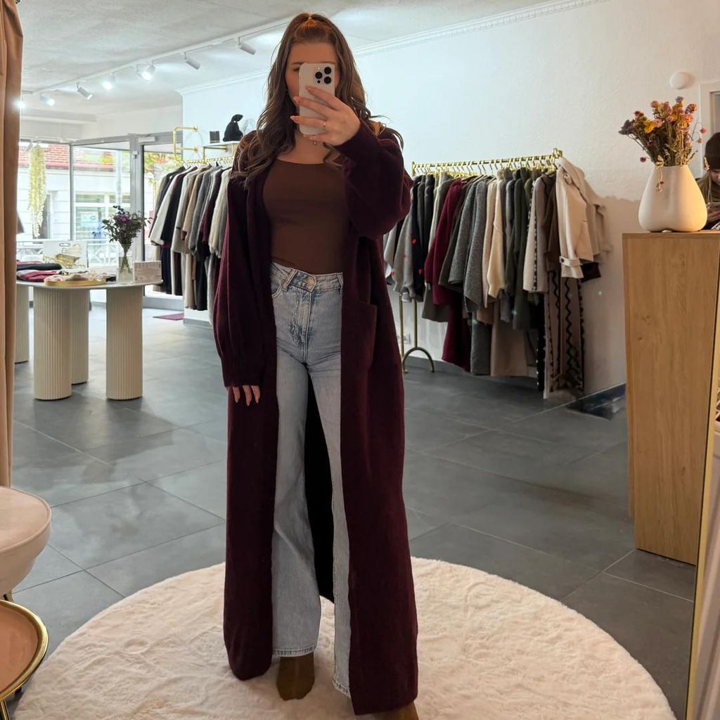 Langer Cardigan Strick Damen "Lana" Weinrot Onesize (XS-XL), für Frauen Langarm Cardigan mit Taschen, Cardigan Langarm Strickjacke, Sweatjacke, Jacke