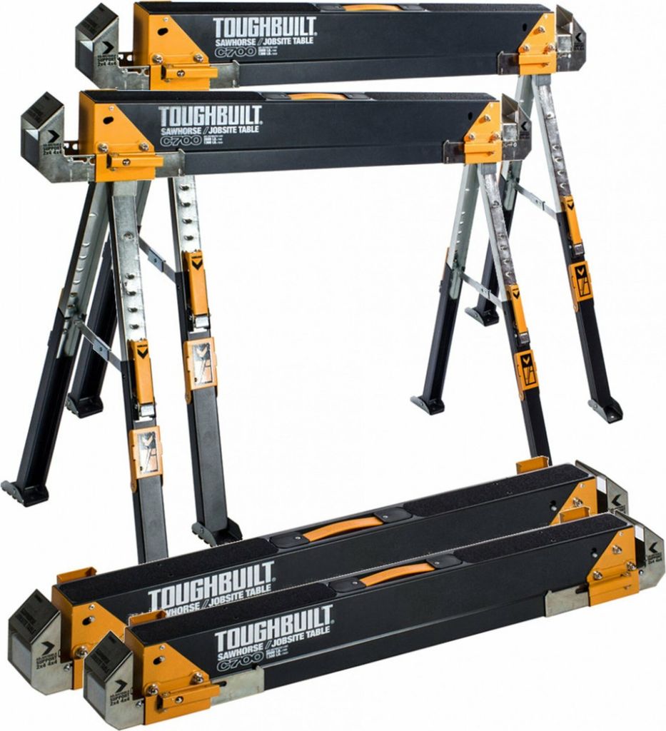 A set of two TOUGHBUILT sawhorses/work tables, with another set folded and stacked below.