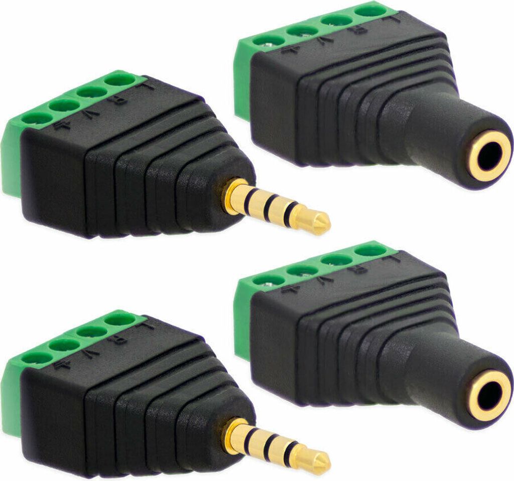 2X Klinken Buchsen + 2X Stecker 3,5mm Adapter > Terminalblock 4 Pin Schraub Klemme Set