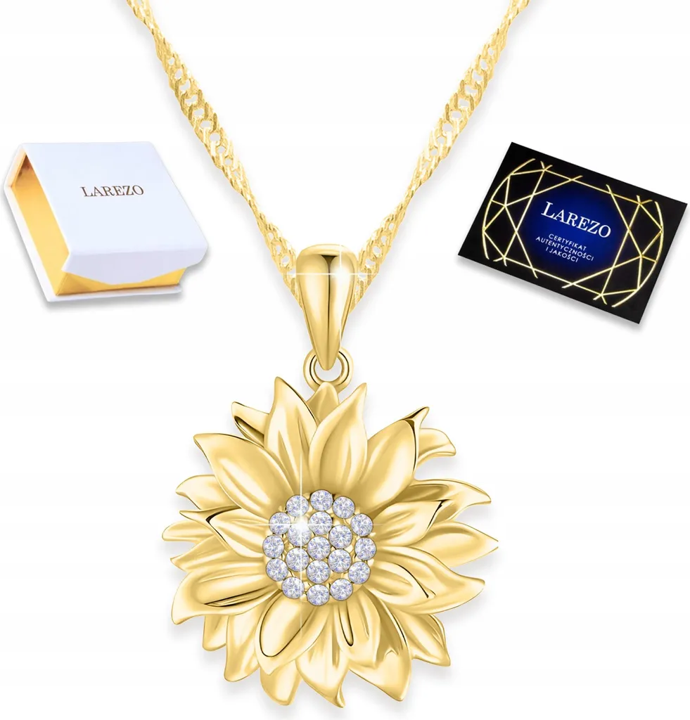 Collana dorata "Flower of Life" con girasole e zirconi, argento 925 placcato oro