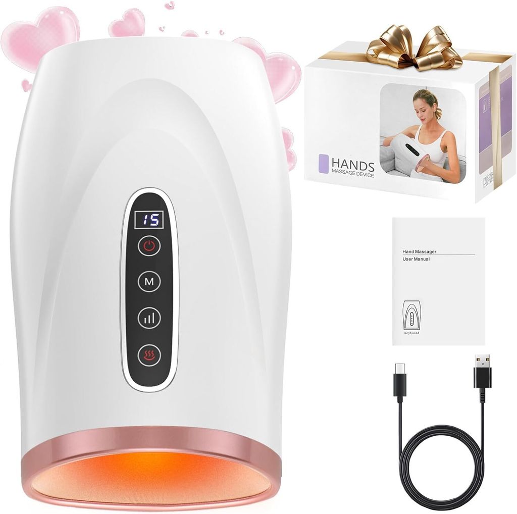 Handmassagegerät mit Heizung, Kabelloses Hand- und Handgelenkmassagegerät, Vollständig umwickelte Massagefinger, mit 3 Modi und 3 Intensitäten