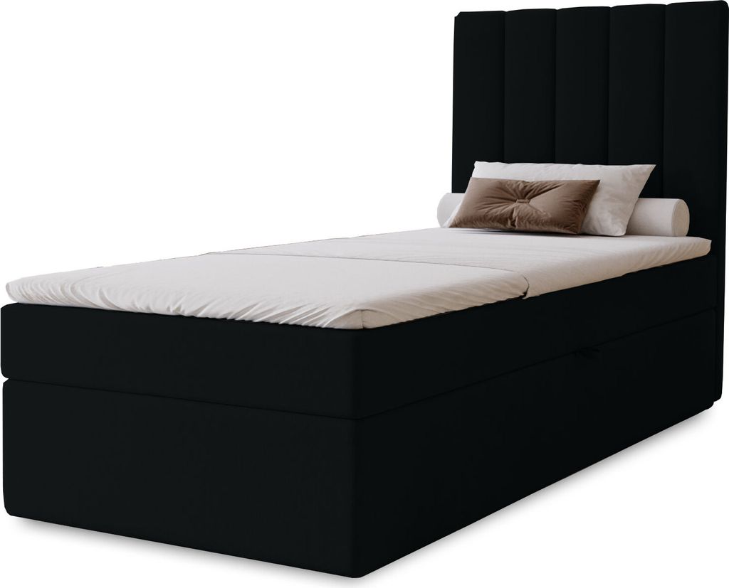 Boxspringbett Nero mit Bettkasten, 90x200, Farbe: Schwarz, Velourstoff, Doppelbett mit Bonell-Matratze inkl. Topper