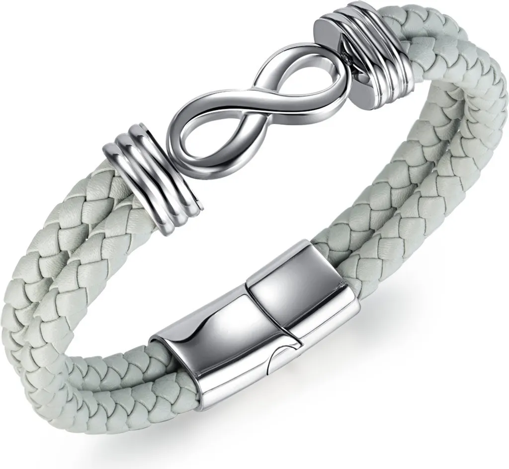 Quiges Bracciale Uomo Donna In Vera Pelle Grigio-Beige - Regolabile 60-66 Cm Con Chiusura Magnetica E Charm In Acciaio, Idea Regalo - 2