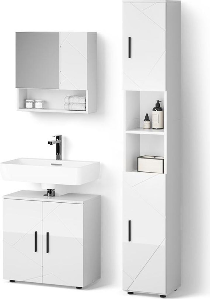 Badmöbel-Set Livinity Ronco Weiß Hochglanz 3 Teile, mit Hochschrank, Model 52621