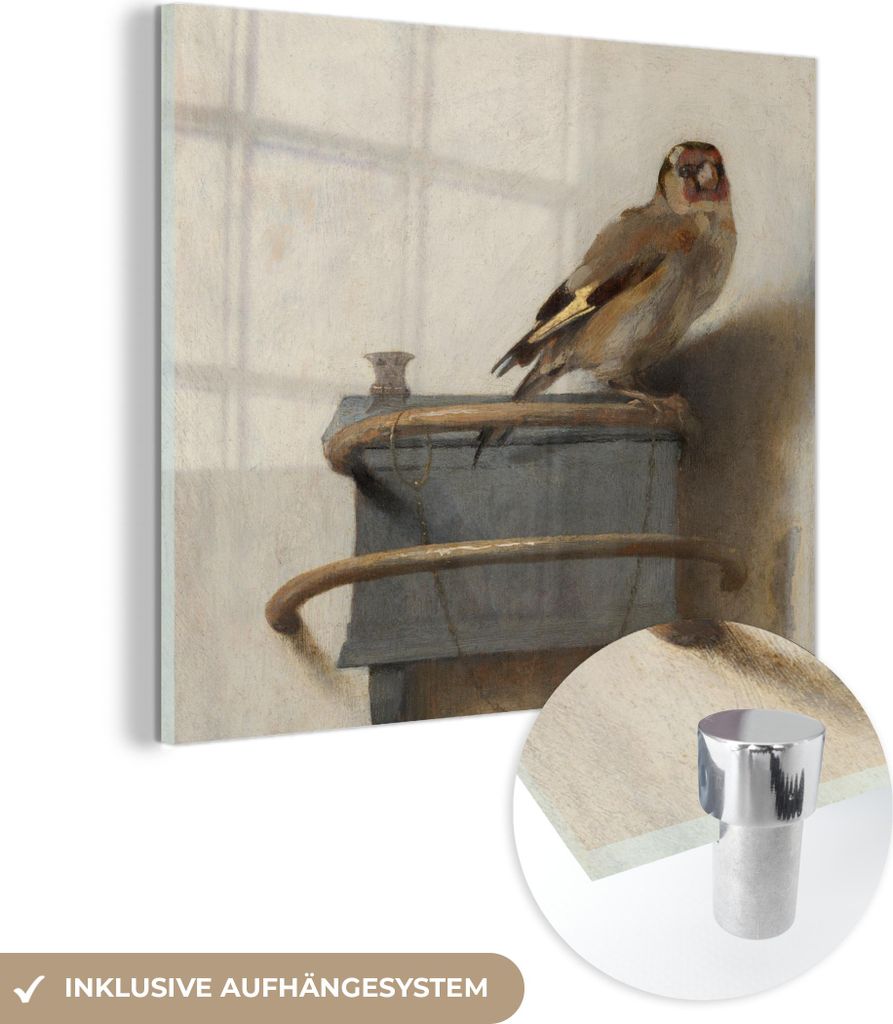 MuchoWow Glasbilder - Bilder auf Wandbild - Foto auf Glas Der Stieglitz - Carel Fabritius 50x50 cm Wanddekoration aus Glas - Acrylglasbild - Acrylb...