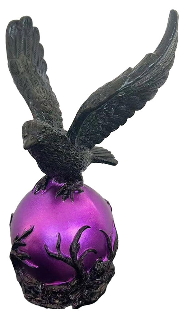 Gothic LED-Tischleuchte „Rabenmondlicht“ / Schreibtischlampe „Pterosaurier“ / Skulptur „Mysteriöser Rabe/Dinosaurier auf leuchtender Kug...