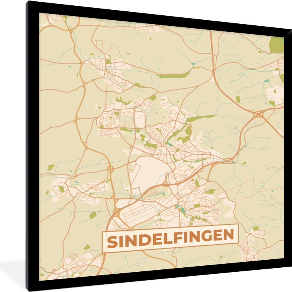 MuchoWow Gerahmtes Poster Karte - Sindelfingen - Vintage - Stadtplan 40x40 cm - Poster mit Schwarzem Bilderrahmen Wandposter Rahmen Foto Bilder -...