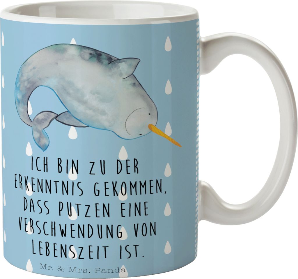 Mr. & Mrs. Panda Kaffeebecher Narwal - Blau Pastell - Geschenk, Hausfrau, Becher, Teetasse, Wal, Kaffeetasse, Tasse, Kinderzimmer, Putzen, Pott, Me...