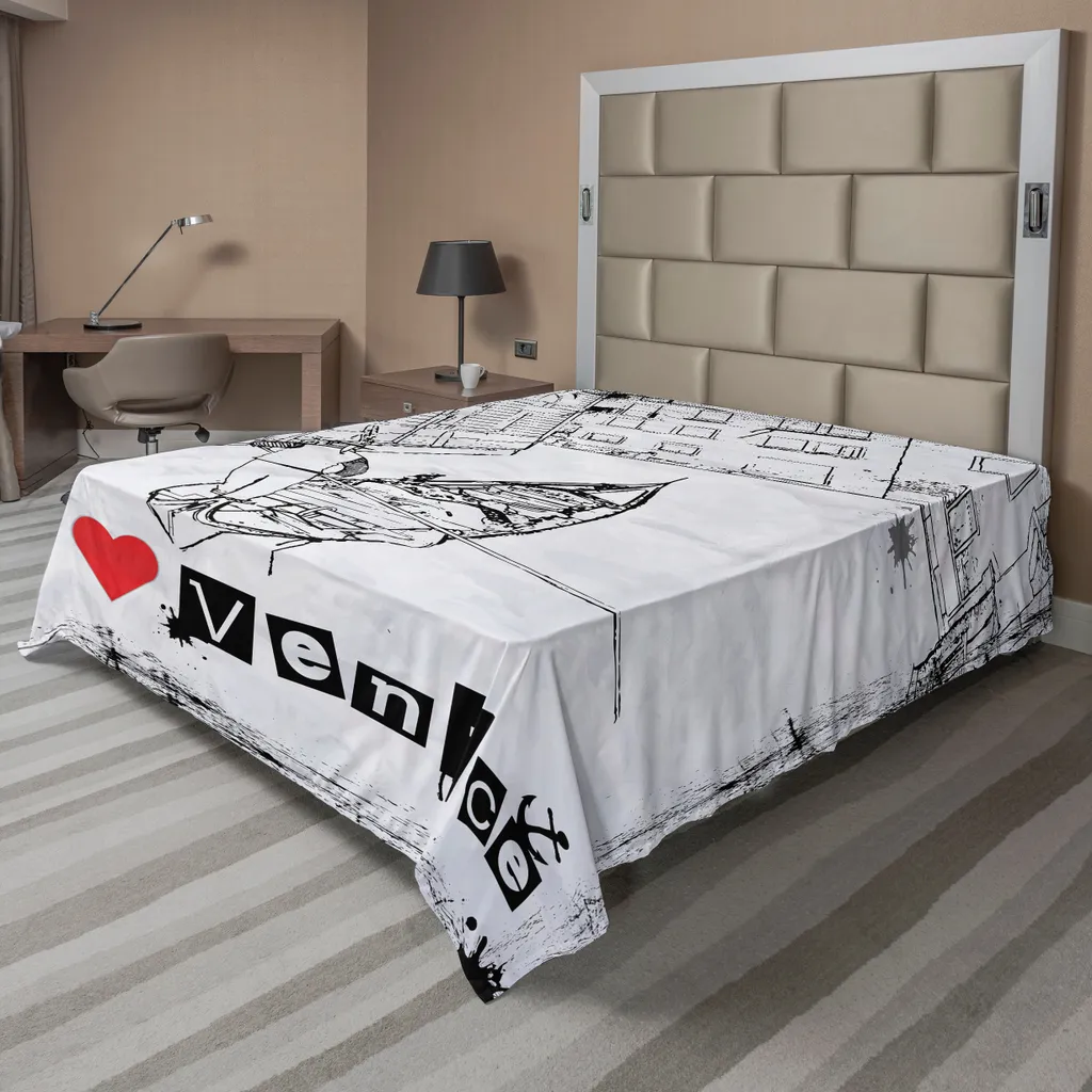 ABAKUHAUS Lenzuolo grunge, silhouette del canale veneziano con illustrazione "I Love Venice" sul bordo, lenzuolo morbido e confortevole per un letto decorativo 1 pezzo 275 cm x 260 cm, rosso, nero e bianco