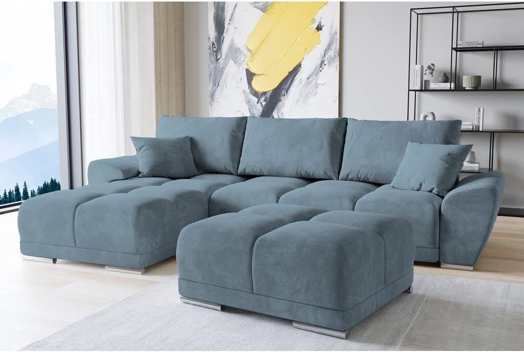 Set Velvet Ecksofa in L-Form 289 x 189 cm + Polsterhocker, Sofa mit Schlaffunktion, Fußhocker, Schlafsofa mit Bettkasten, Sitzpouf Farbe: Marine