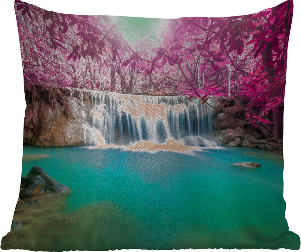 MuchoWow Outdoor Kissen - Wasserfall - Baum - Rosa - Natur - 60x60 cm - Wetterfest - Lounge Kissen - Dekoration - Schlaf Kissen