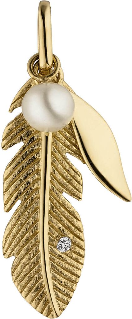 Anhänger Feder mit Süßwasserperle & Diamant Brillant 585 Gold Gelbgold 25,5x7mm