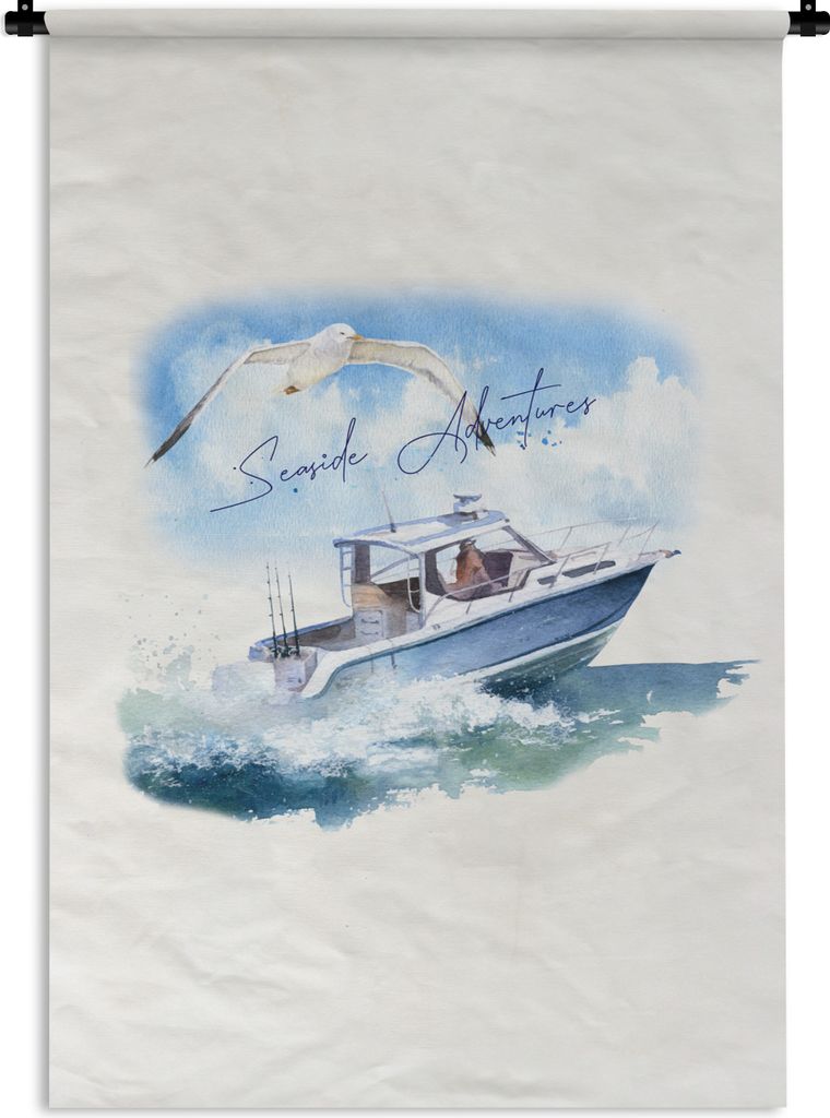 MuchoWow Wandteppich Wandbehang Boot - Vogel - Meer - Aquarell 120x180 cm Tapisserie Dekoration Wandtuch - Schlafzimmer - Dekorationen für das Haus