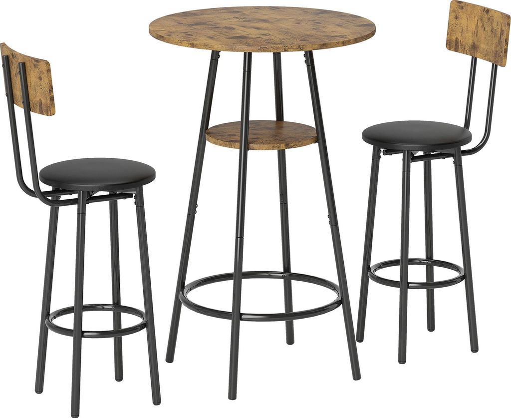 3-teiliges Bartisch-Set mit 2 gepolsterten Hockern, Kunstleder-Bezug, Rückenlehne, Metallgestell, Braun