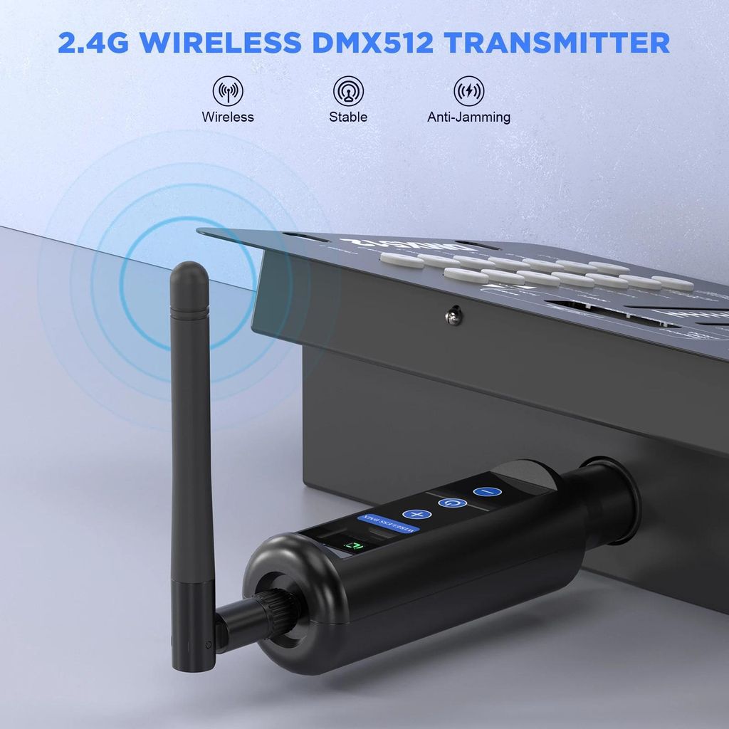 Kabelloser DMX512-Sender 4er-Set - DMX512 Transmitter - 2,4 GHz - OLED-Display - Abnehmbare Antenne - DC 90–240 V - Eigenständiges Gerät - Büh...