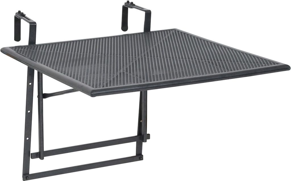 A black metal table with a textured surface, designed to be attached to a railing.