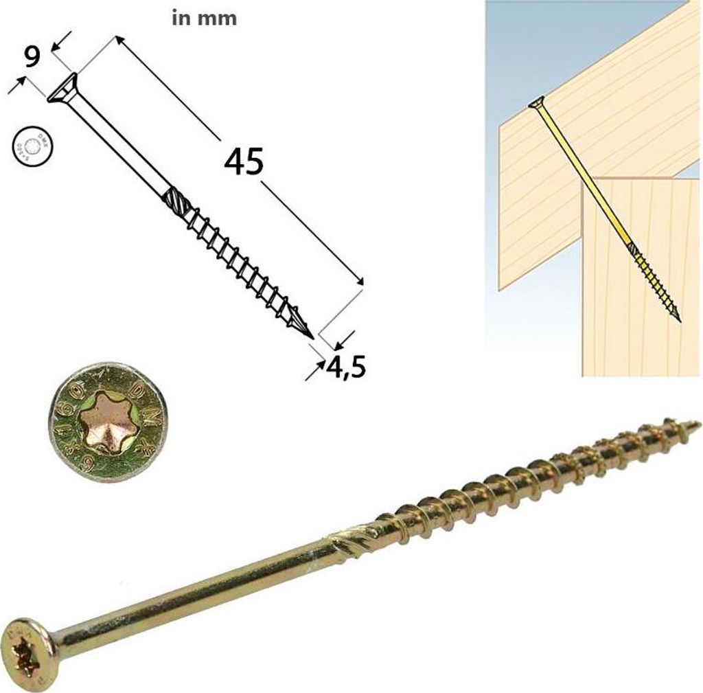 DMX - Holzbauschrauben Torx mit Senkkopf CS 4,5x45 mm - TORX - Zink galvanisiert