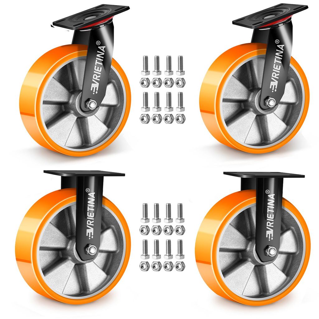 4 Stück/Ø200mm Industrielle (Festrad*2 + Lenkrollen*2) PolyurethanRollen mit Doppel-Kugellager Aluminium-Radkern Transportrollen für Gerätewage...