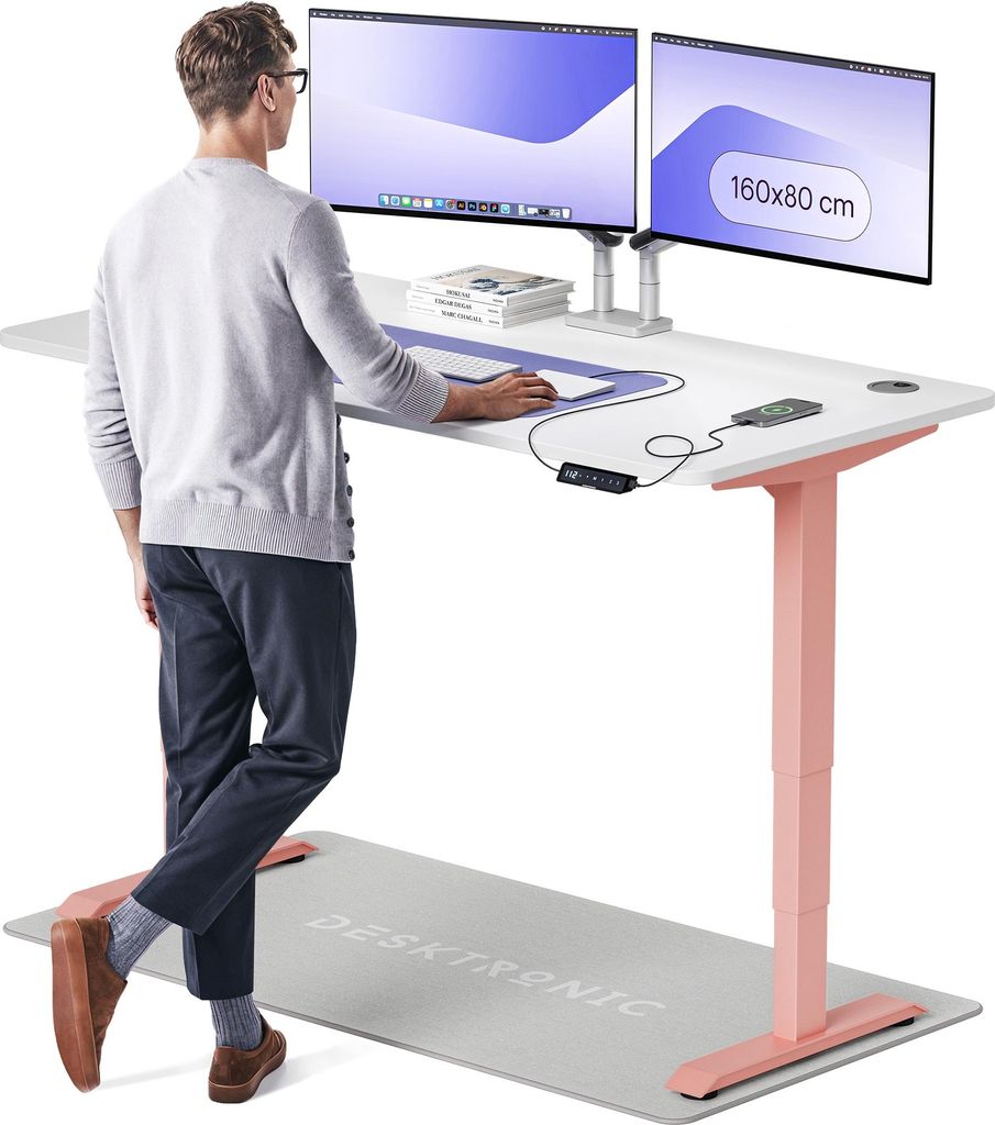 Desktronic HomePro Elektrisch höhenverstellbarer Schreibtisch 160x80cm Rosa/Weiß mit Memory-Funktion, Anti-Kollisions Technologie, USB-A und USB-...