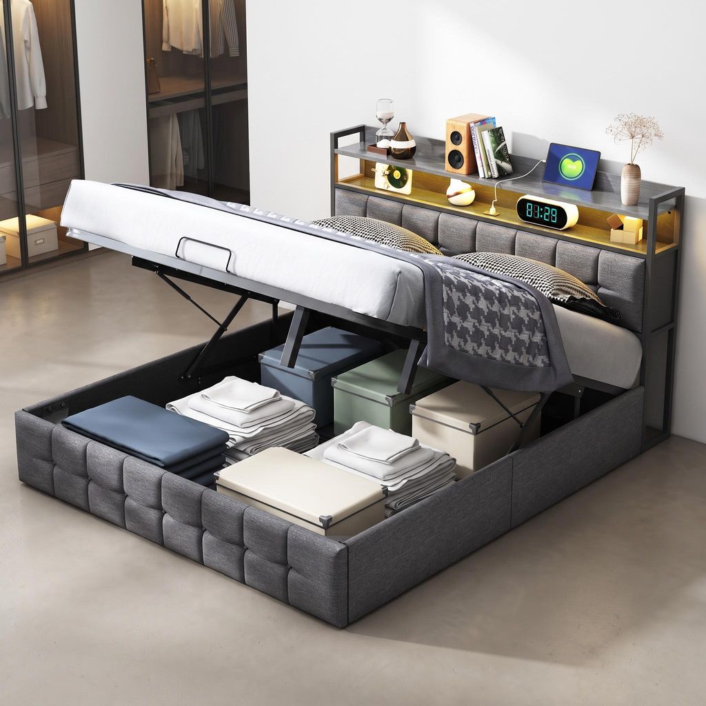 Lit coffre 140x190 cm gris avec LED, ports USB, sommier à Image du produit 