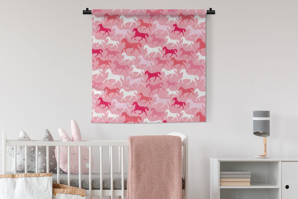 MuchoWow Wandteppich Wandbehang Pferde - Rosa - Muster - Mädchen - Kinder - Mädchen 90x90 cm Tapisserie Dekoration Wandtuch - Wandaufhänger