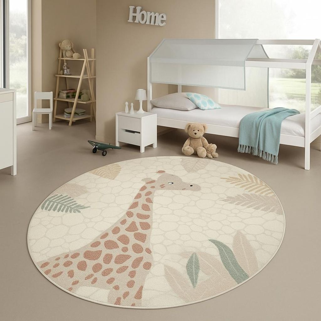 Kinderzimmer Teppich mit Giraffenmuster in creme beige Größe - 120 cm Rund